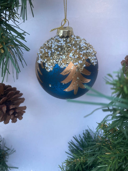 Julekule blå og gull med perler
