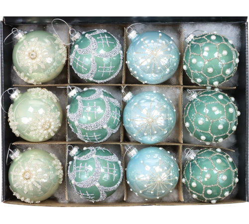 Julekuler "Glasskugeln" Blå, sett med 12 kuler